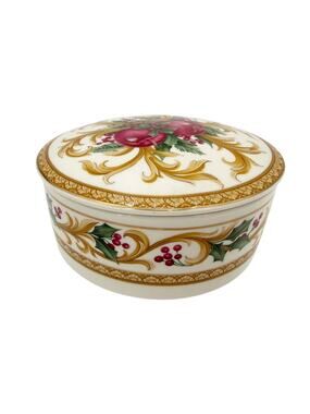 Mikasa Holiday Orchard white trinket dish & lid Christmas red apples holly gold